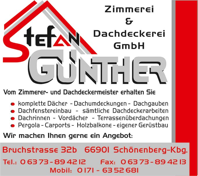 Stefan Gnther Zimmerei Dachdeckerei GmbH. Wir bieten komplette Daecher, Dachumdeckungen, Dachgauben, Dachfenster, smtliche Dachdeckerarbeiten, Dachrinnen, Vordaecher, Terrassenberdachungen, Pergola, Carports, Holzbalkone